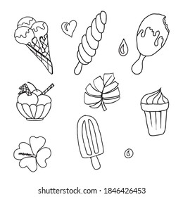 Isolated elements on a white background. Ice cream set with vegetable details. Doodle style. Vector. Ice cream of different types and tastes. Suitable for packaging, paper, fabric and wallpaper.