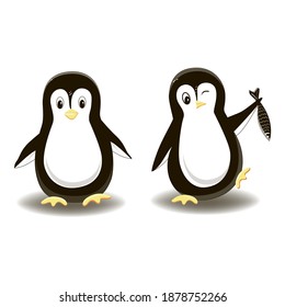 Isolated elements on a white background. Two cartoon penguins. Penguin Day. January 20th. Vector. Penguin
stands and the penguin walks and holds the fish. Suitable for children's illustrations.
