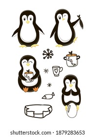 Isolated elements on a white background. A set of funny penguins. Vector. Cartoon. Penguins with different items: fish, soup and on an egg. Suitable for children's illustrations, printed materials.