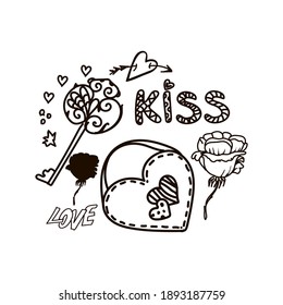 Isolated elements on a white background. Key, lock, rose, hearts. Vector. Doodle. The inscription is made by hand. St. Valentine's Day. Suitable for a themed holiday, cards and invitations.