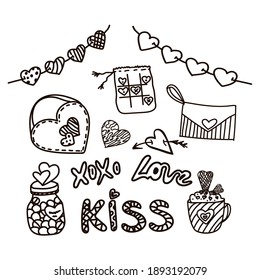 Isolated elements on a white background. A jar of wishes, a game of tic-tac-toe, hearts on a ribbon, a cup with lush foam and cookies. Vector. Doodle. The inscription is made by hand. St. Valentine's.