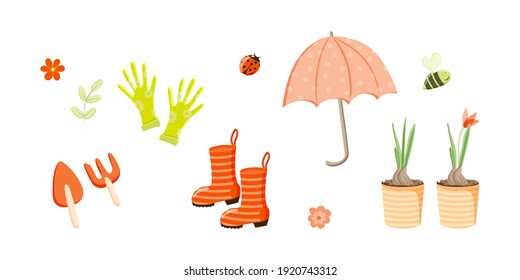 Isolated elements on a white background. A set of garden tools, flowers, insects, garden tools, umbrella, gloves and boots. Domestic work. Life style. Garden. Spring. Vector in flat style. 