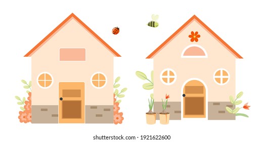 Isolated elements on a white background. A set of two houses. Houses in gentle colors with spring flowers. Insects Garden. Spring. Vector in flat style. Suitable for illustrations, posters.