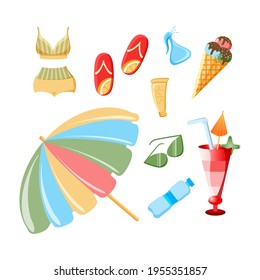 Isolated elements on a white background. Summer items: ice cream, drink, water, swimsuit, flip flops. Summer. Beach. Sun protection products. The vector is made in a flat style.