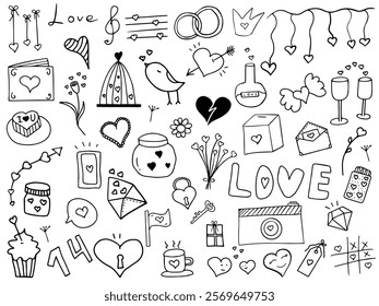 Isolated elements on a white background. A jar of wishes, a game of tic-tac-toe, hearts on a ribbon, a cup with lush foam and cookies. Vector. Doodle. The inscription is made by hand. St. Valentine's.