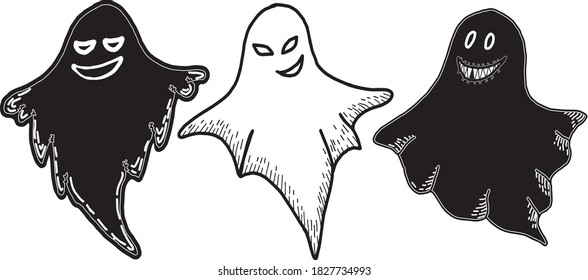 Isolated Elements On White. Three Funny Ghosts. Made In The Technique Of Doodle. Cast In A White And Black Palette. Day
All The Dead. Halloween. You Can Use Congratulatory Products, Textile.