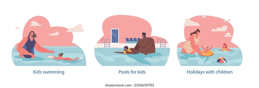 Isolated Elements With Parent Or Instructor Characters Teach Little Kids To Swim In Pool, Focusing On Water Safety