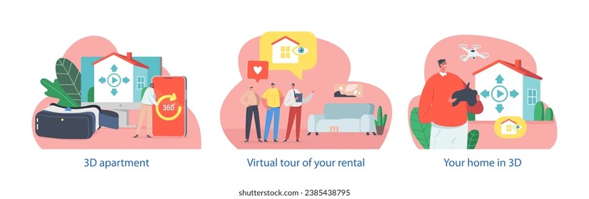 Isolated Elements With People Characters Excitedly Exploring A 3d Apartment Tour, Gesturing And Discussing The Features