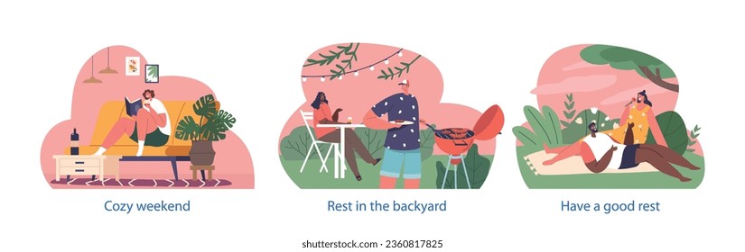 Isolated Elements With People Characters Relax On Weekend. Friends Enjoying Barbecue, Woman Reading Book At Home