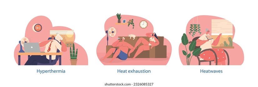 Isolated Elements With People Endure And Battle Against Heat, Seeking Relief Through Shade, Hydration, Illustration