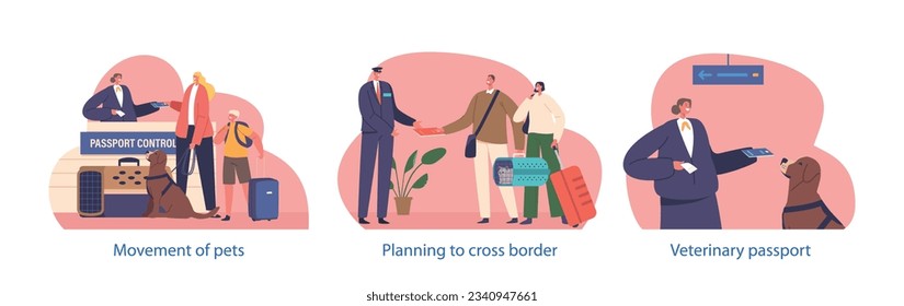 Isolated Elements with Pet Owner Characters Crossing Border Bring Their Furry Companions Along, Vector Illustration