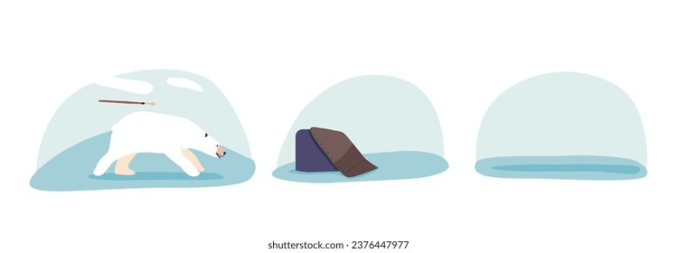 Isolated Elements With Polar Bear Escape From Flying Harpoon, Animal Skin And Frozen Landscape, Graphic Icons