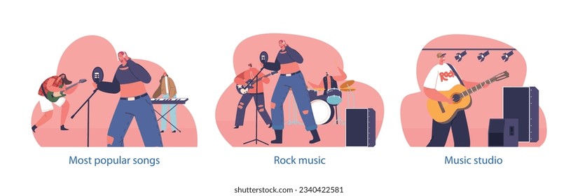 Isolated Elements With Rock Group Characters Performing Concert On Stage. Electric Guitarists, Drummer, Singer