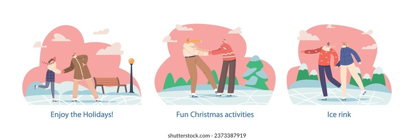 Isolated Elements with Romantic Couple Characters Gliding Gracefully On A Glistening Ice Rink, Enjoying Holidays