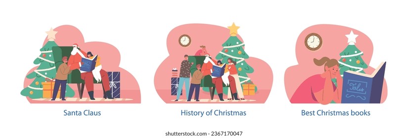 Isolated Elements With Santa Claus Character Reading Book To Kids At Christmas Eve Sitting Near Fir-tree, Vector