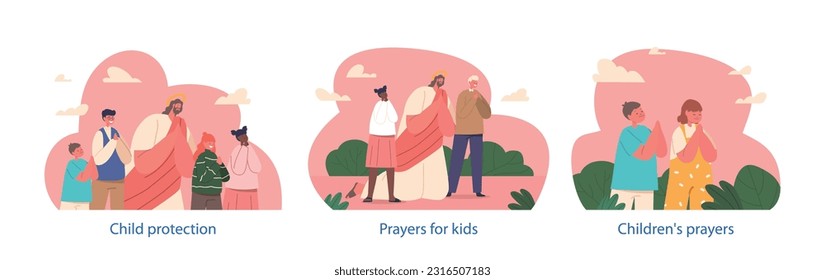 Isolated Elements with Serene Scenes Of Jesus And Children Praying On Summer Meadow, Capturing The Purity And Innocence