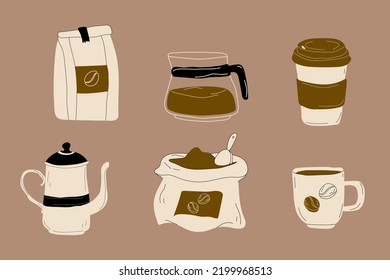  Einzelne Elemente festgelegt. Wasserkocher, Tasse, Verpackung mit Kaffee, Beutel mit Kaffeebohnen, Glaskaffee. Kollektion für Speisen, Café. Handgezeichnete moderne Vektorgrafik .