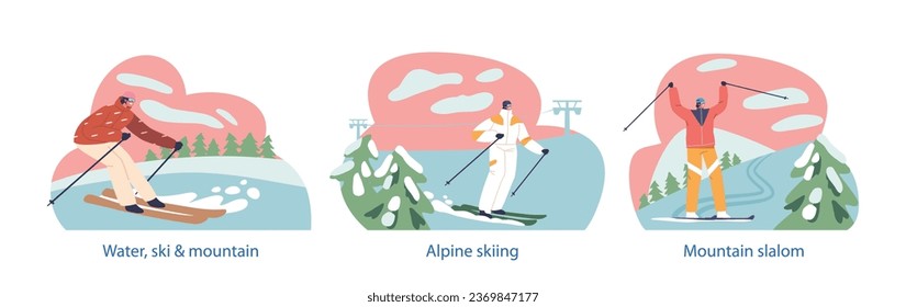 Isolated Elements with Skilled Athletes Male and Female Characters Maneuvers A Mountain Slalom, Carving Their Way