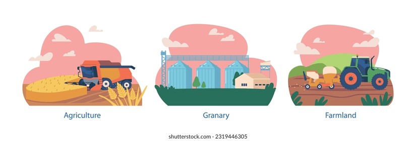 Isolated Elements with Stages Of Cultivation, Planting, Harvesting and Storage in Granary. Farmland Process Illustration