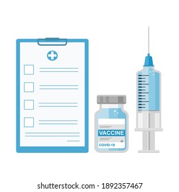 Isolated elements for vaccination on a white background. Vaccination against coronavirus. Syringe, vaccine bottle and blank form. Health care and treatment concept. Flat vector illustration.