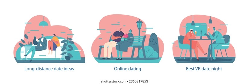 Isolated Elements with Virtual Dating Scenes. People Use Vr Technology for Date. Male and Female Wearing Goggles