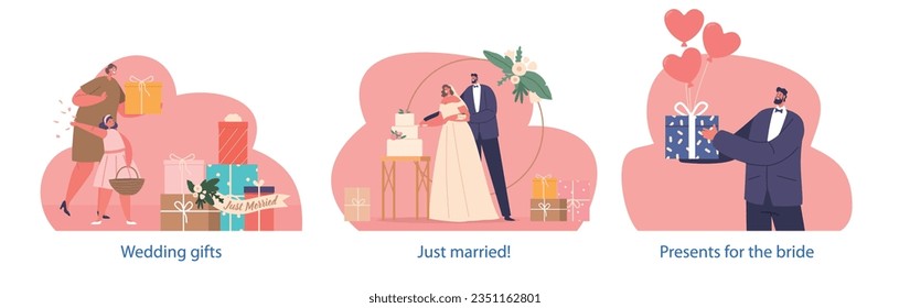 Isolated Elements with Wedding Scenes. Newlyweds Characters Cutting Festive Cake, Guests Putting Present Boxes