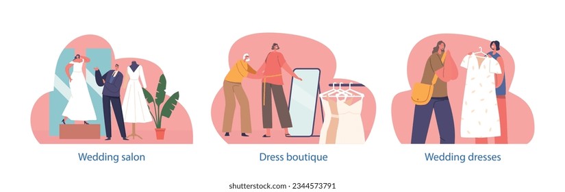 Isolated Elements with Women Select Wedding Dress At Salon. Female Characters Browsing Boutique Searching Elegant Gown