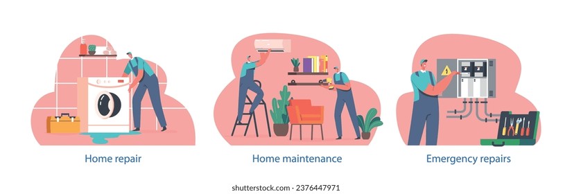 Isolated Elements With Worker Characters Repair Home. People Fixing Or Renovating House To Improve Its Functionality