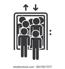 Isolated elevator overload pictogram showing crowded passengers exceeding lift capacity for safety awareness and weight limit compliance
