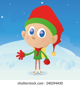 an isolated elf with winter clothes on a winter background