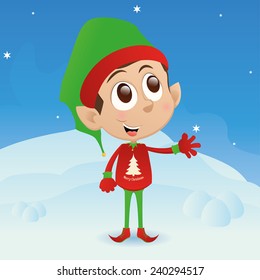 an isolated elf with winter clothes on a winter background