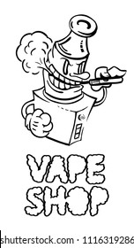 Isolated emblem vape shop.E-cigarette lets steam from mouth, T-shirt print. Vintage cartoon style. Vector illustration.