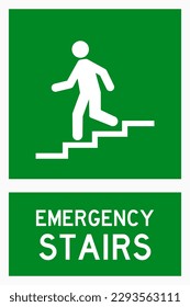 isolated emergency exit, descending walking down stairs, fire safety symbols on green rectangle board notification sign for pictograms, icon, label, logo or  industry etc. flat style vector design.