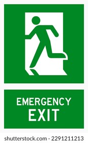 isolated emergency exit, fire safety symbols on green rectangle board notification sign for pictograms, icon, label, logo or package industry etc. flat style vector design.