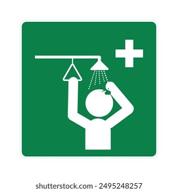 Isolated Emergency Shower Sign, with illustration man pull emergency shower in green square label 