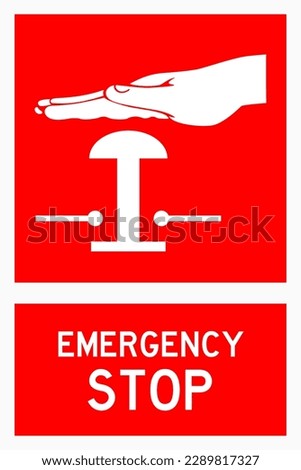 isolated emergency stop push Botton, fire safety symbols on red rectangle board notification sign for pictograms, icon, label, logo or package industry etc. flat style vector design.