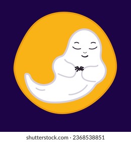 Isolated emotional calm ghost with spider, moon. Vector illustration Facial expression in cartoon. Happy Halloween, mischief, paranormal phenomena. Character for cards flyers, banners, greeting etc.