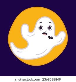 Isolated emotional surprise facial expression ghost with spider, moon. Vector illustration cartoon. Happy Halloween, mischief, paranormal phenomena. Character for cards flyers, banners, greeting etc.