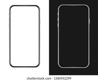 Isolated empty cell phone mockup. Silver phone on the dark background. Silver phone on the white background.