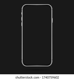 Isolated empty cell phone mockup. Silver phone on the dark background. Silver empty phone on the black background.