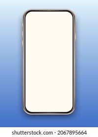 Isolated empty cell phone mockup. Golden phone on the blue background. Smart phone template. Realistic cell phone mockup. . Cellphone frame on a blue background.