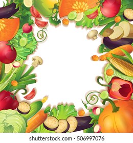 Isolated empty circle surrounded by realistic vegetable fruits and slices symbols conceptual composition on blank background vector illustration