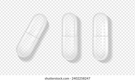 Isolated empty pill capsules on a clear backdrop. Vector realistic pharmaceutical transparent capsule