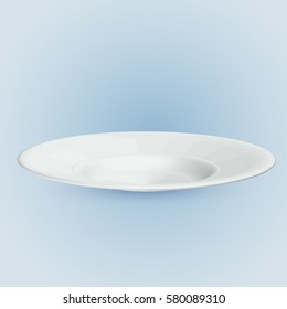 Isolated Empty porcelain white dish of dining plates side view. Vector illustration on blue background with effect 3d model for design menu restaurant, dishwashing detergent, service hotel cafe