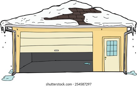 Isolated empty residential garage with stuck door and snow