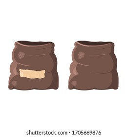Isolated empty template burlap bags for vegetables and products cartoon vector stock illustration. Brown Bag with place for name and inscription and empty bag