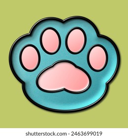 Isolated, enamel animal paw pin on green background.