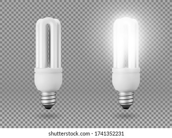 Bombilla de bajo consumo aislada de energía, objeto vector sobre fondo transparente, efecto de luz y brillo. Objeto 3d realista, símbolo de creatividad e ideas. Concepto para negocios o inicio.