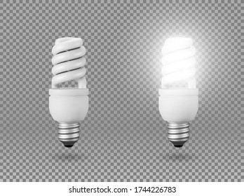 Isolated energy saving light bulb, vector object on a transparent background, the effect of light and glow. Realistic 3d object, symbol of creativity and ideas. Concept for business or startup.