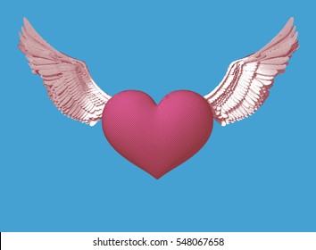 isolated engraving pink symbol heart with wings illustration